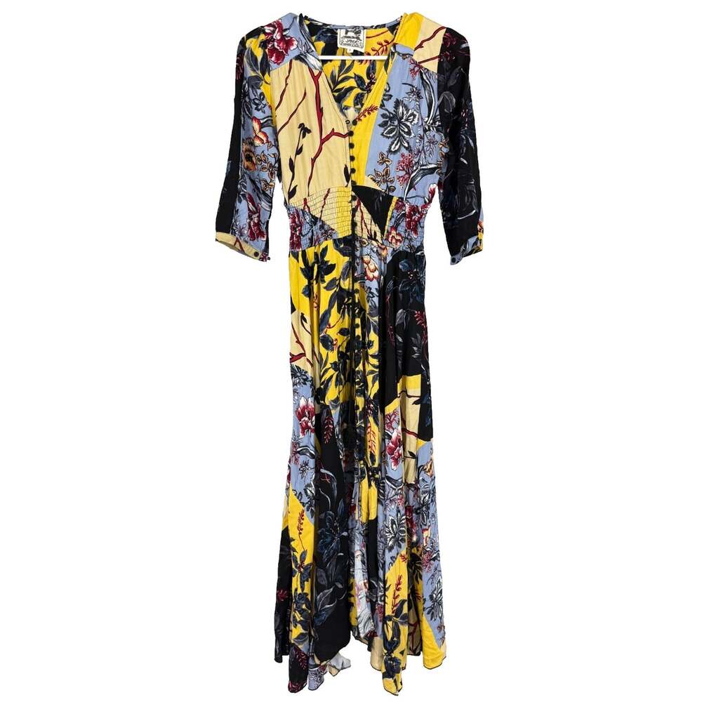 JAASE Women S Floral Maxi Dress Colorful 3/4 Sleeve Feminine Flowy Button Front